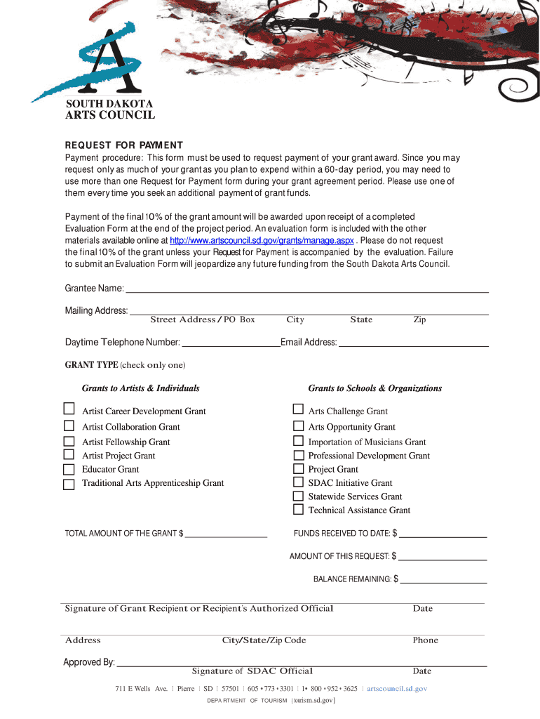 Request for Payment Form South Dakota Arts Council Artscouncil Sd