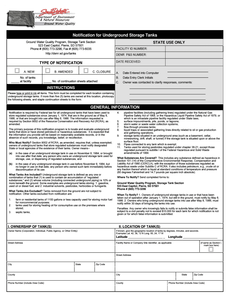 South Dakota Denr Notification for Aboveground Stationary Storage Tanks Form