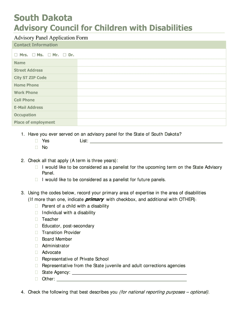 Advisory Panel Application Form Print or Type Doe Sd