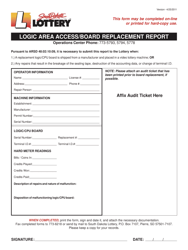 Board Replacement Report Fill in Able 042511 Pmd South Dakota Lottery Sd  Form