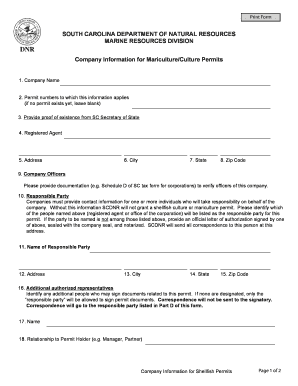 Company Information for MaricultureCulture Permits SOUTH Dnr Sc