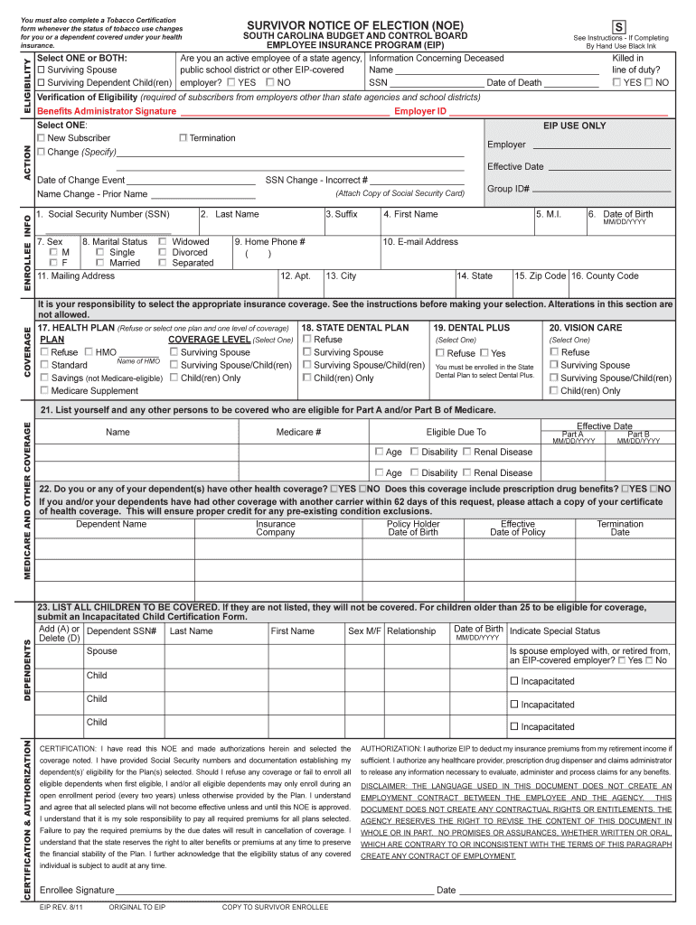 SURVIVOR NOTICE of ELECTION SC Employee Insurance Eip Sc  Form