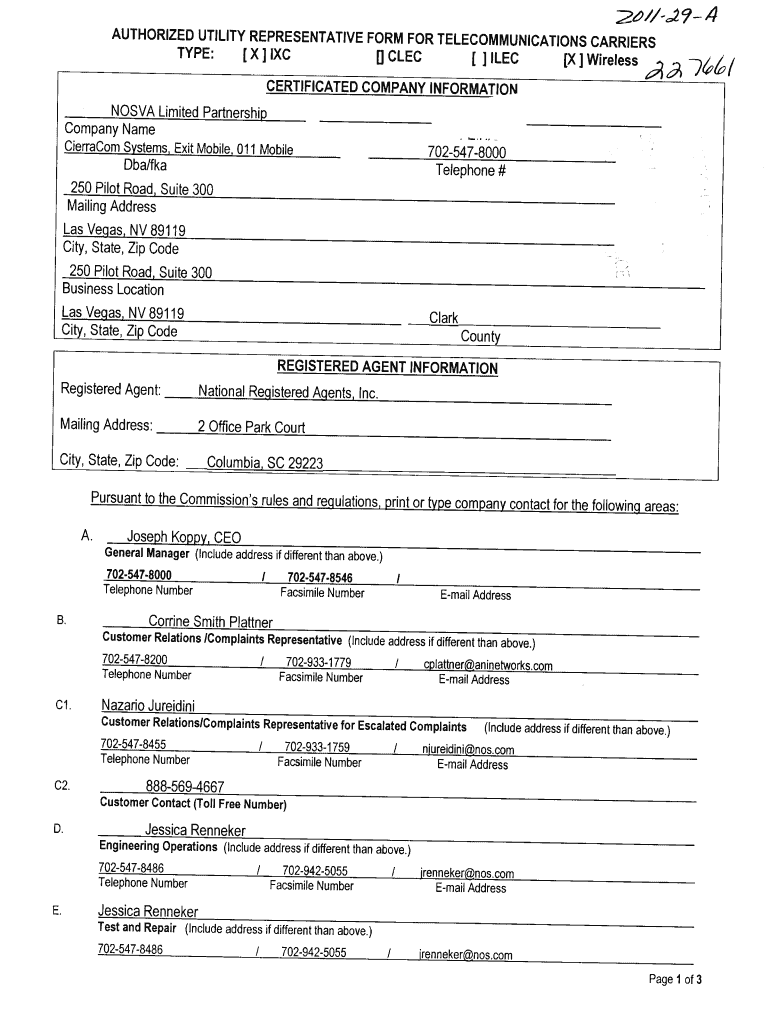 AUTHORIZED UTILITY REPRESENTATIVE FORM for TELECOMMUNICATIONS CARRIERS AUTHORIZED UTILITY REPRESENTATIVE FORM for TELECOMMUNICAT