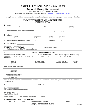 State of Sc Employment Application Fillable Form