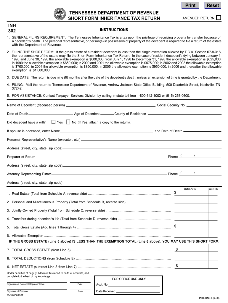  Tennessee Short Form Inheritance Tax Form 2015