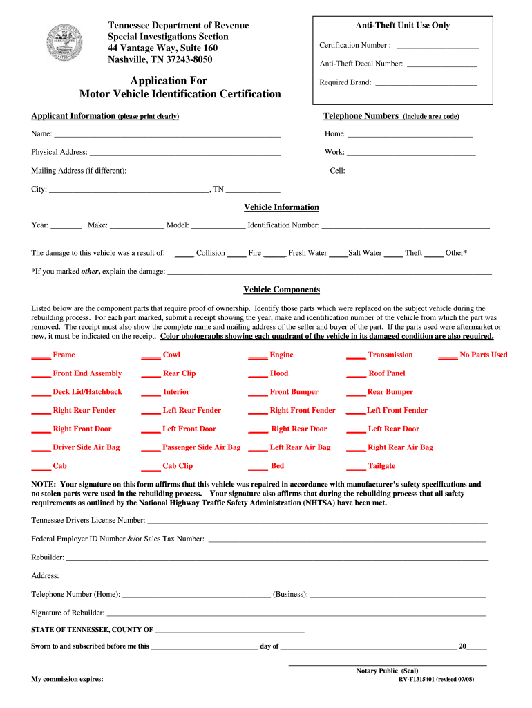 Application for Motor Vehicle Identification Certification  Form