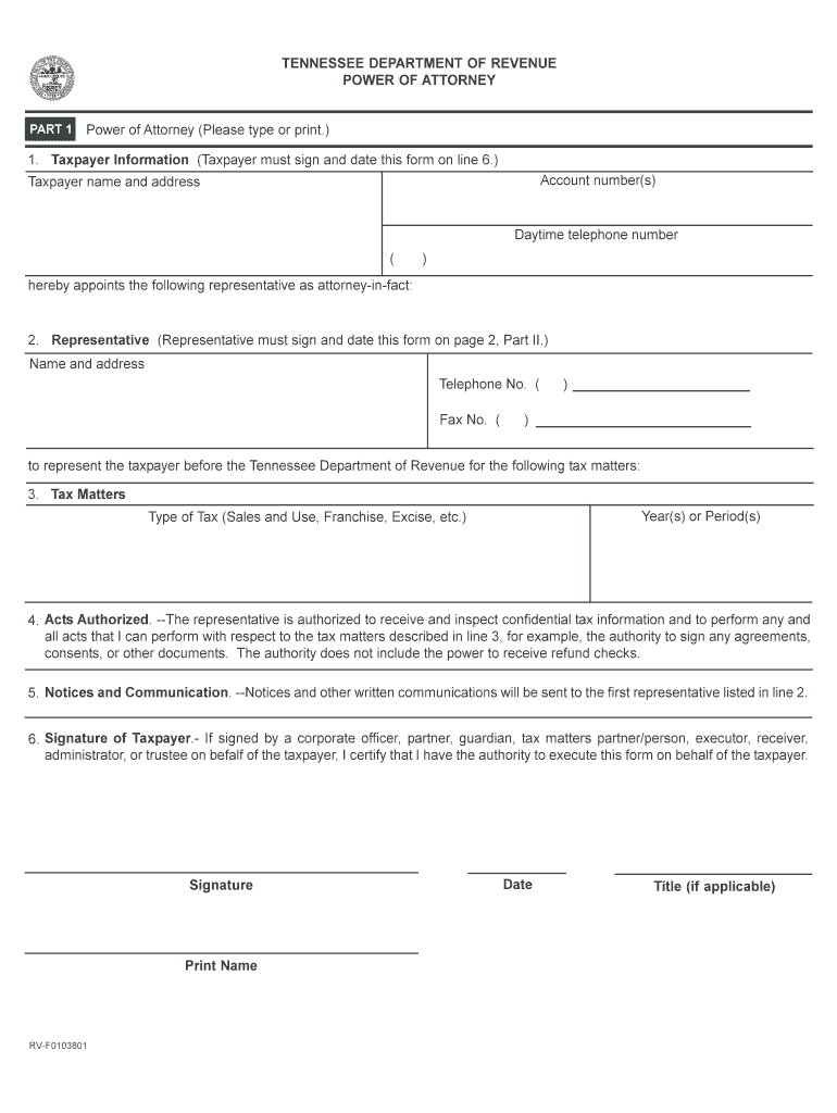 Tennessee Department of Revenue Power of Attorney  Form