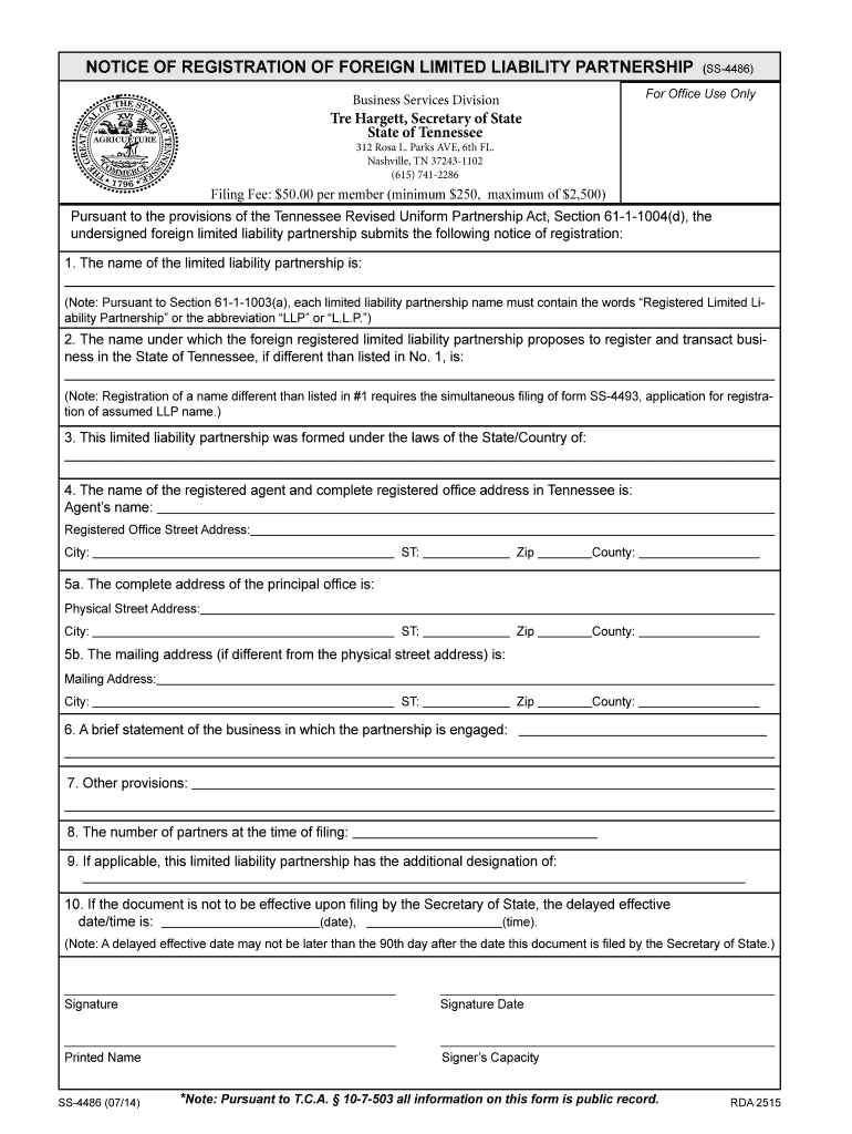 State of Tennessee Limited Liability Partnership Foreign Form