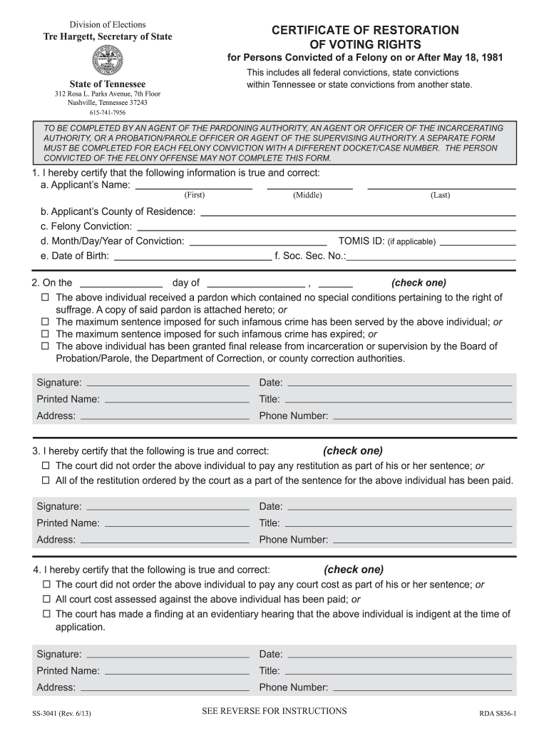  State of Tennessee Certificate of Restoration of Voting Rights 2013-2024