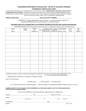 Tn Department of Education Experience Verification Form