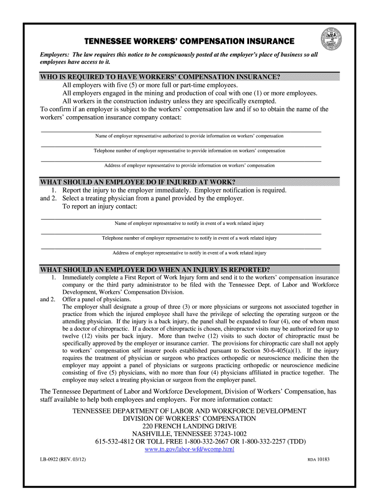  Tennessee Workers Compensation Insurance Lb 0922  Form 2012