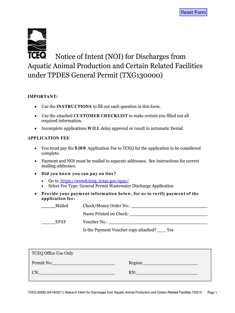 Notice of Intent for Discharges from Aquatic Animal Production and Tceq Texas Form
