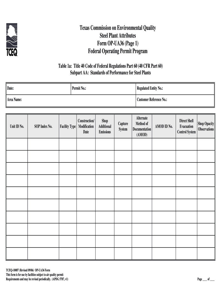 TCEQ Steel Plant Unit Attributes OP UA36 Texas Commission on Tceq Texas  Form