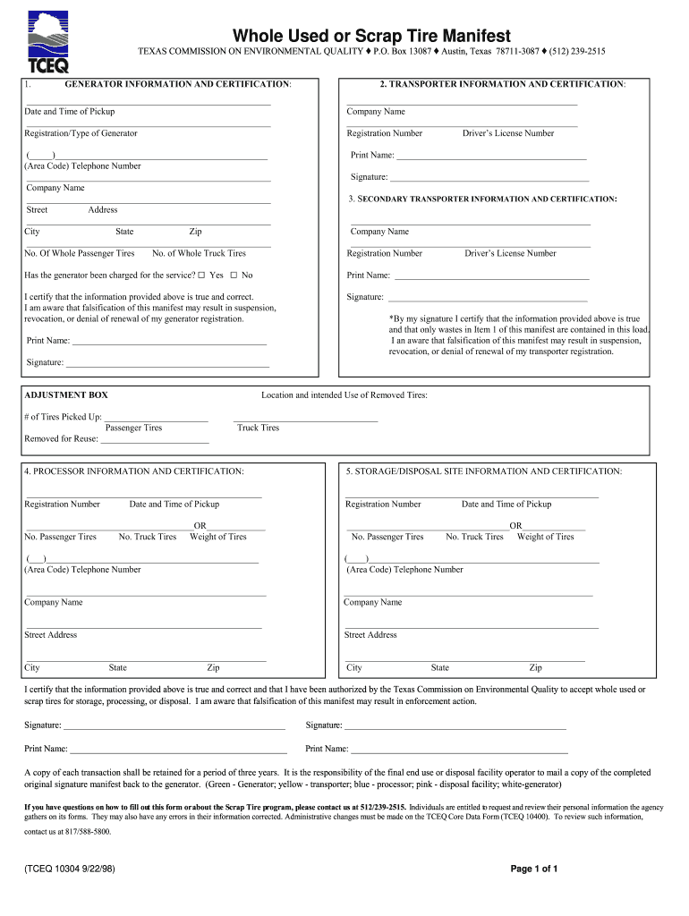  Copies of Texas Tceq 10304  Form 1998