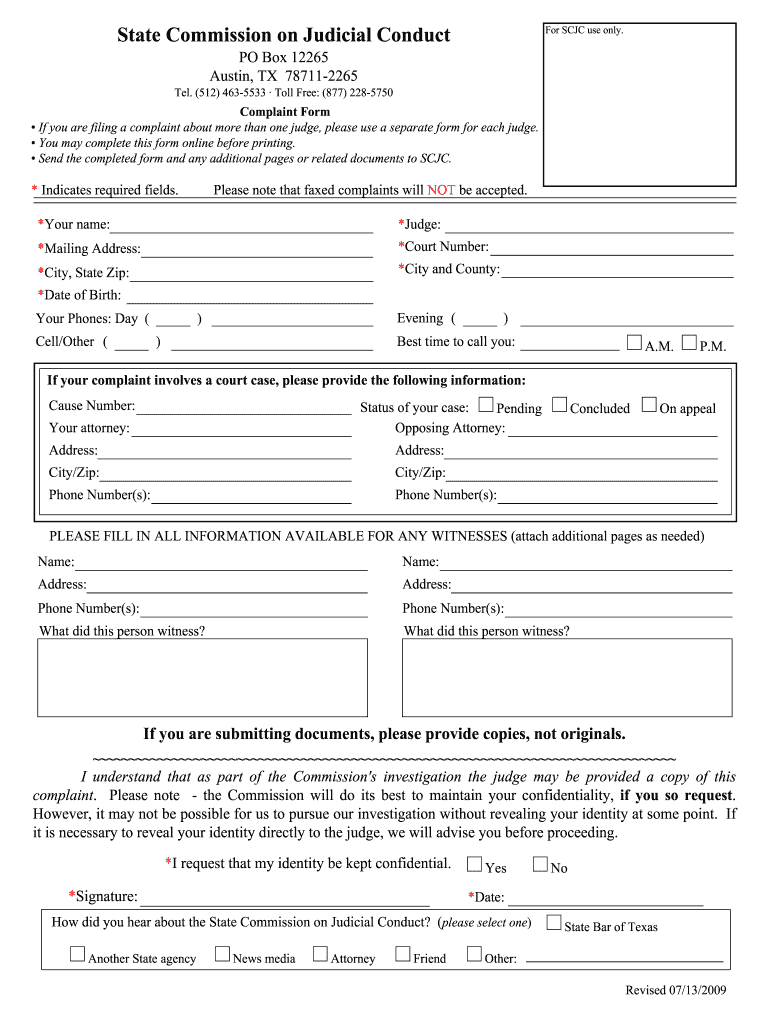 Complaint Form on State Commission on Judicial Conduct