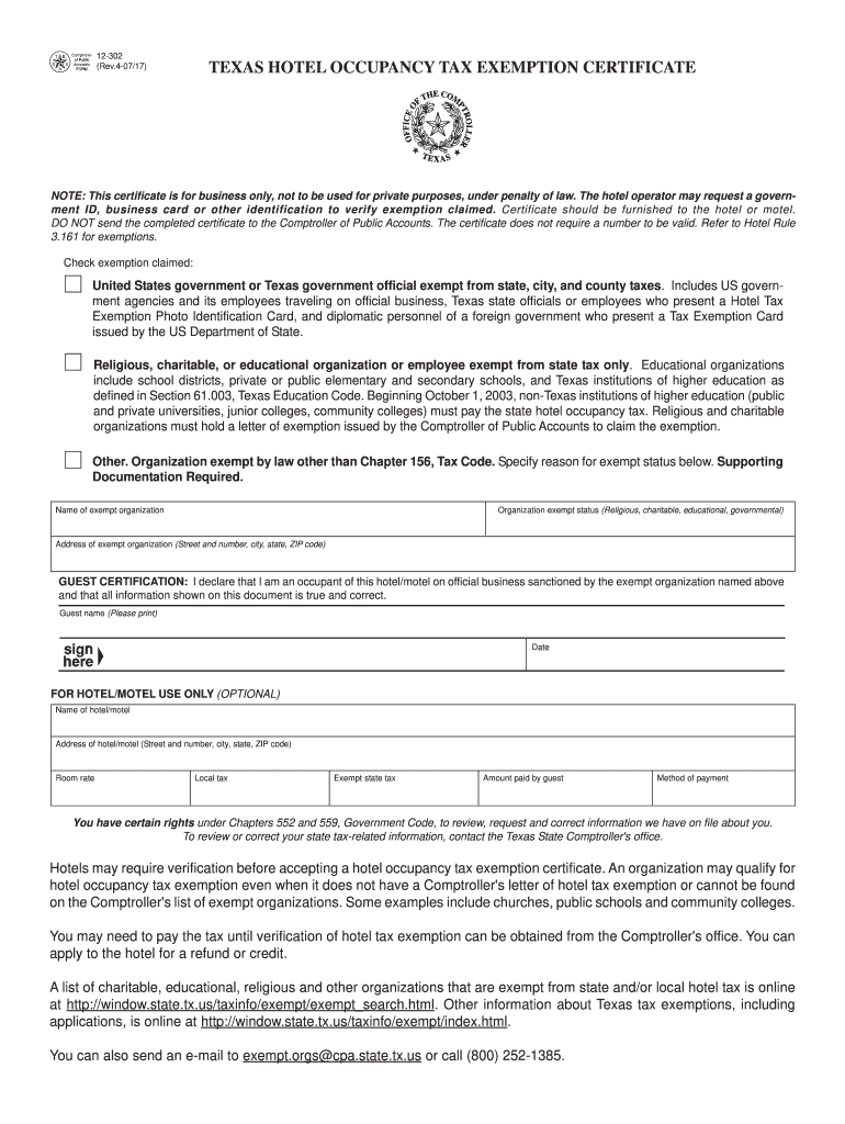 Form 12 302 Fillable Texas Hotel Occupancy Tax Exemption Certificate