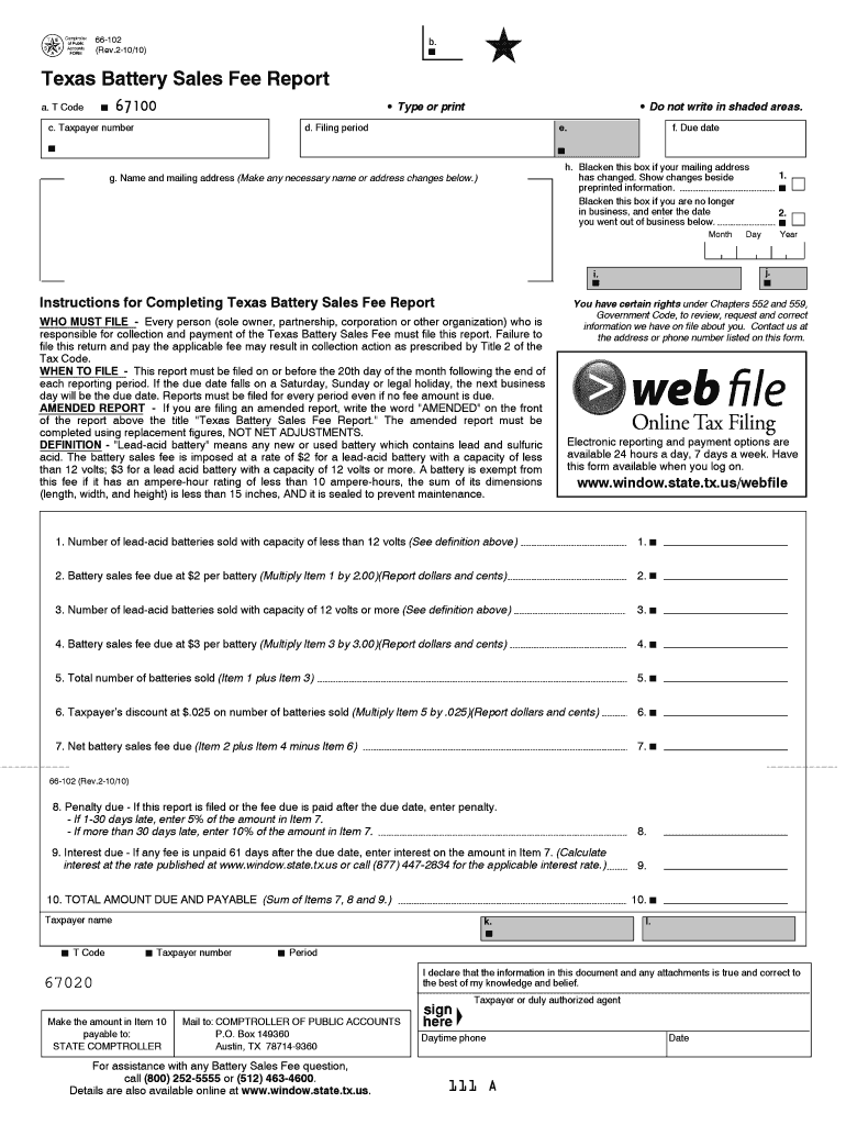  Texas Battery Sales Fee  Form 2010