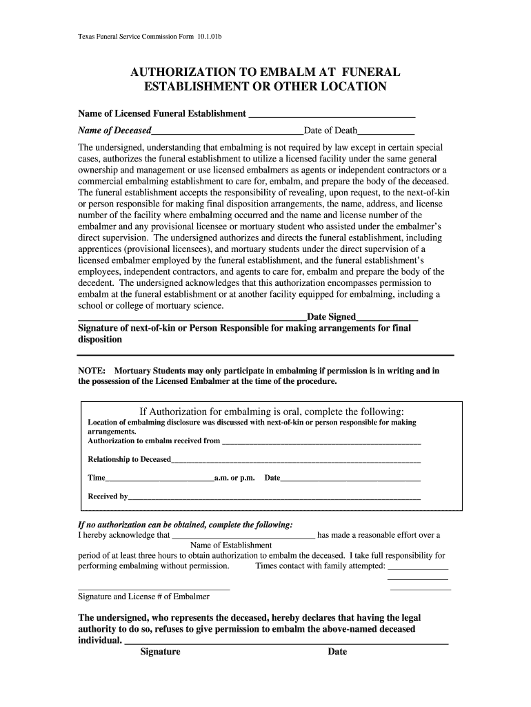 Authorization to Embalm Form