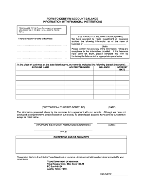 Standard Form to Confirm Account Balance Information with Financial Institutions