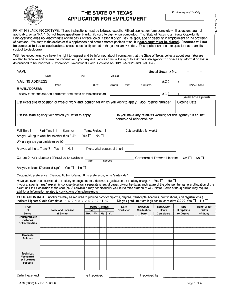  State of Texas E 133 Form 2003