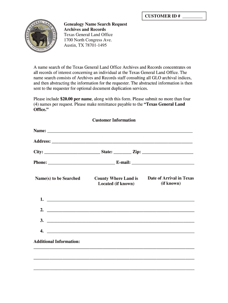 Genealogy Name Search Request Form  Texas General Land Office  Glo Texas