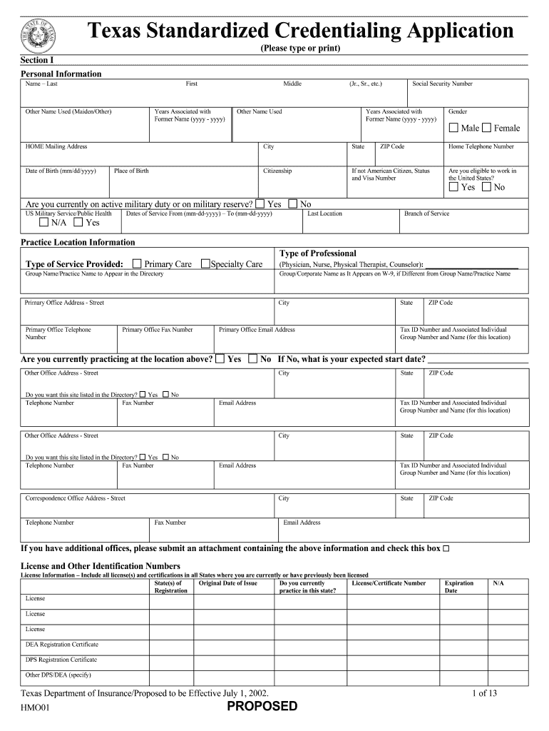 Texas Standard Credentialing Application  Form