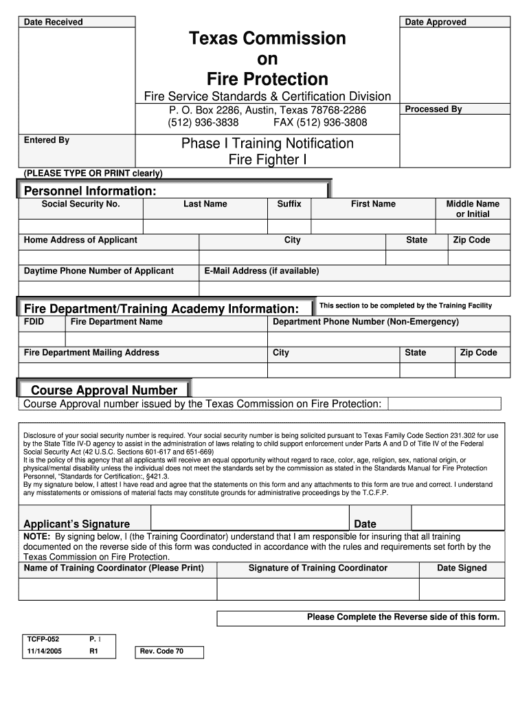TCFP 052 Phase I Training Notification Fire Fighter I Tcfp Texas  Form