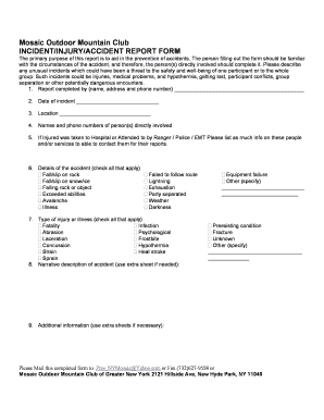 Incident Form Mosaic Outdoor Mountain Club of Greater New York Mosaic Gny