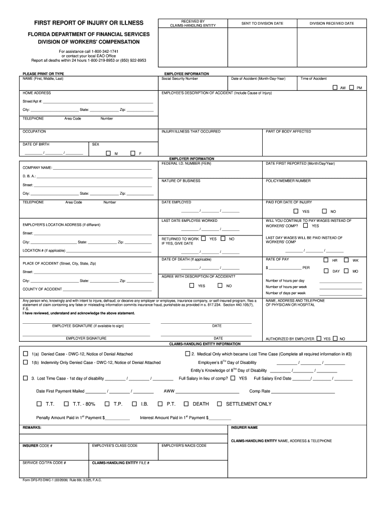  First Report of Injury Form 2009-2024