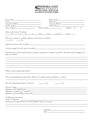 Sport Club Accident Report Form Emporia State University Emporia