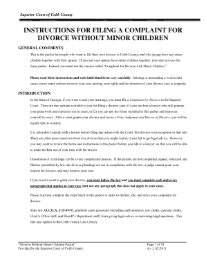 INSTRUCTIONS for FILING a COMPLAINT for DIVORCE Lawlibrary Cobbcountyga  Form