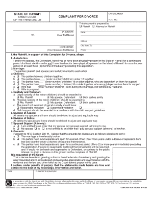 Complaint for Divorce for Hawaii Form