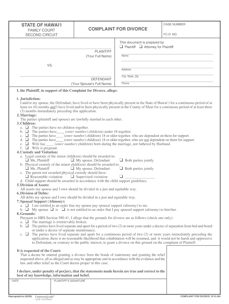 Complaint for Divorce for Hawaii Form