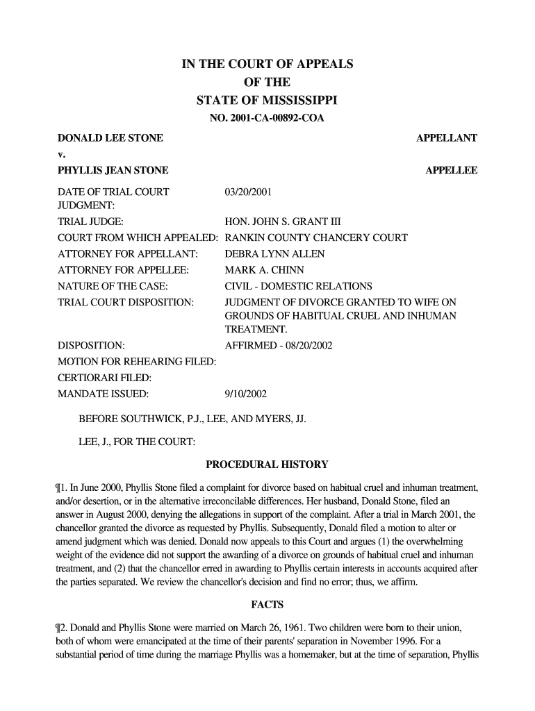 PHYLLIS JEAN STONE DATE of TRIAL COURT JUDGMENT TRIAL JUDGE COURT from WHICH APPEALED ATTORNEY for APPELLANT ATTORNEY for APPELL  Form