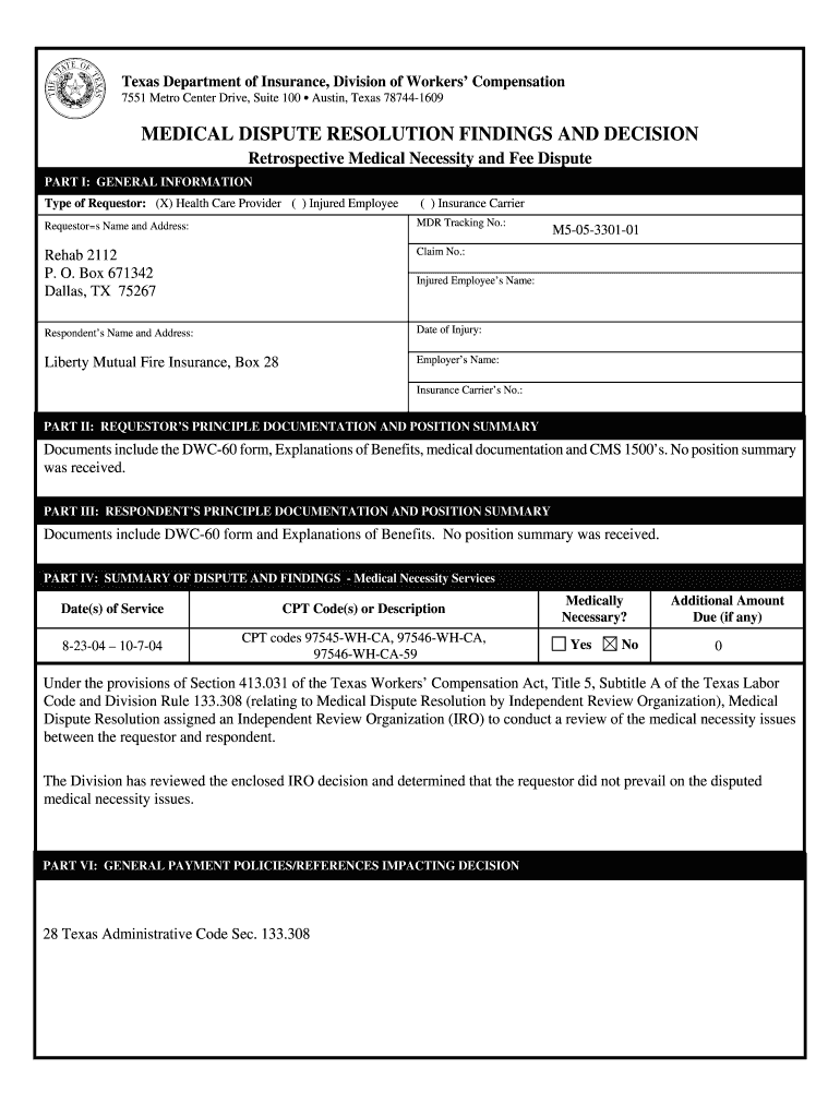 Texas Department of Insurance, Division of Workers&#039; Compensation 7551 Metro Center Drive, Suite 100 Austin, Texas 78744 160  Form