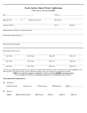 South Jordan Utah Alarm Permit  Form