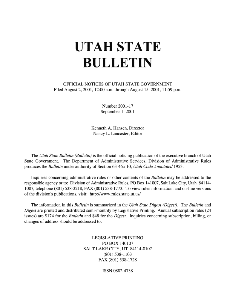 Utah State Bulletin, Vol , No 17 September 1, Official Notices of Utah State Government Filed August 2, , 12 Rules Utah  Form