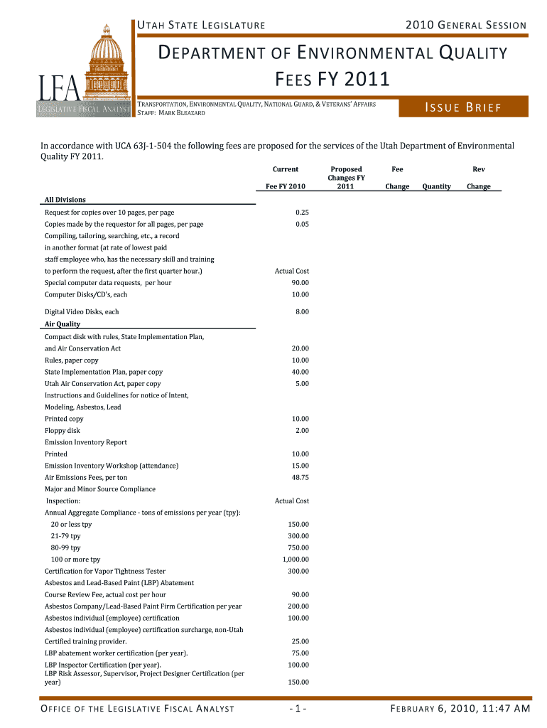 FEES FY Utah State Legislature Le Utah  Form