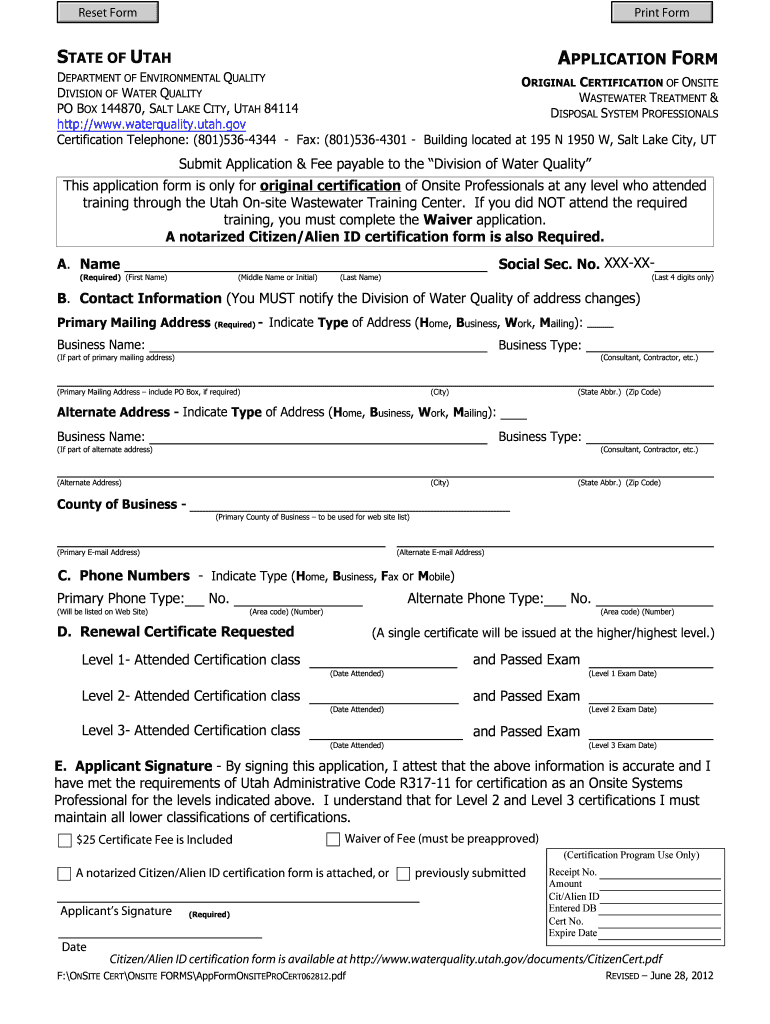 APPLICATION FORM  Division of Water Quality  Utah  Gov  Waterquality Utah