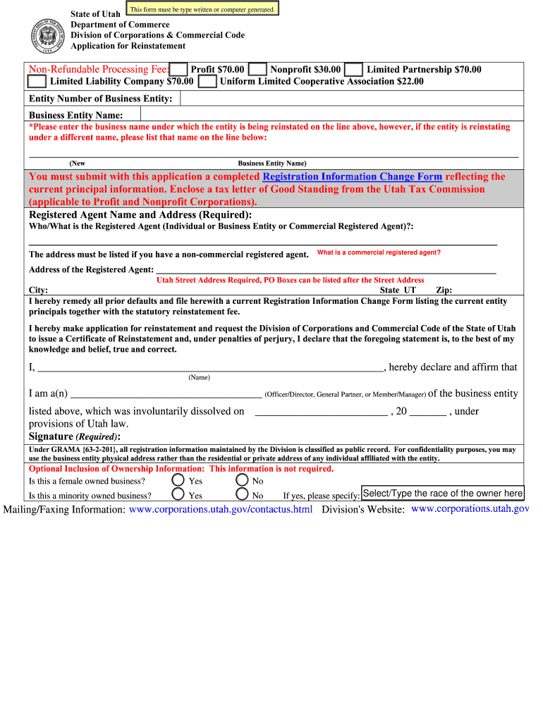 Reinstatement Form from the Utah Department of Commerce