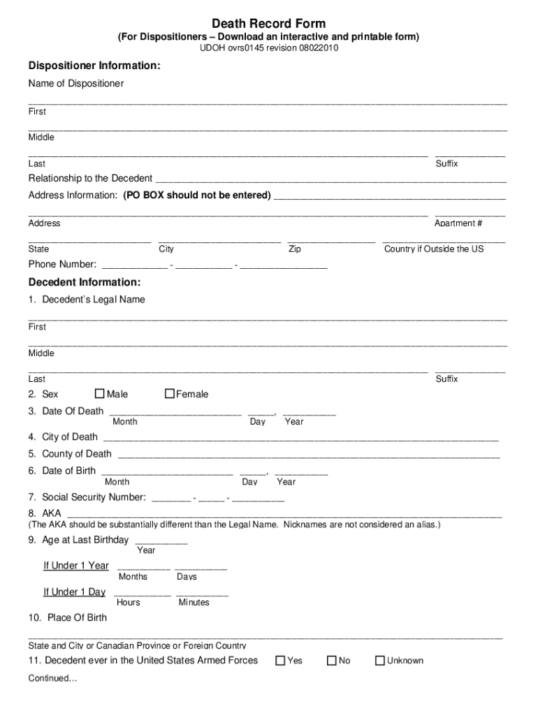 Utah Death Certificates  Form