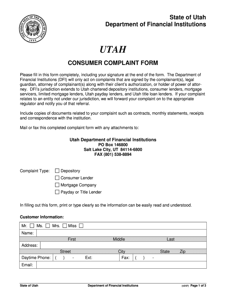 DFI Consumer Complaint Form  Utah Department of Financial    Dfi Utah