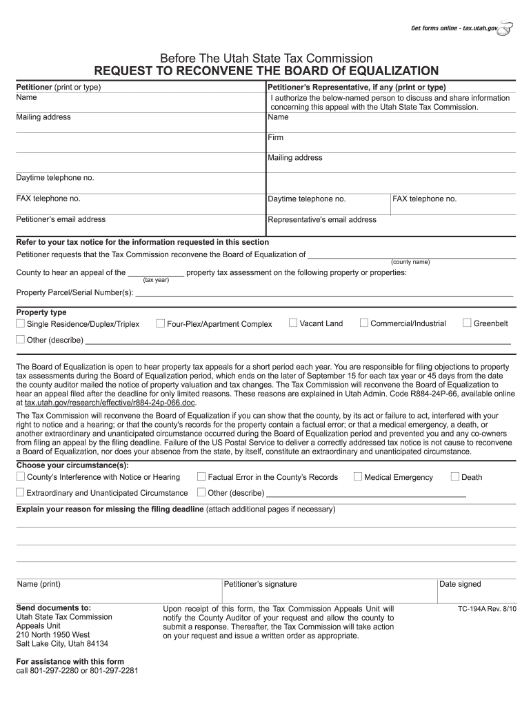 Get and Sign Utah State Tax Commission Request to Reconvene Board of Equalization Form 2010