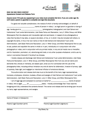 OHV VIDEO CONTEST Appearance Consent and Release Form for Good and Valuable Consideration, the Receipt of Which is Hereby Acknow