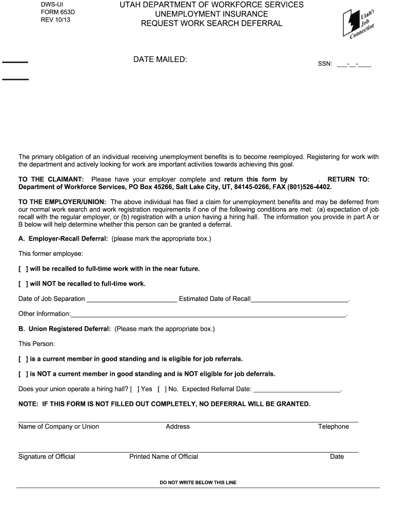  Deferment Utah Department of Workforce Services  Form 2013
