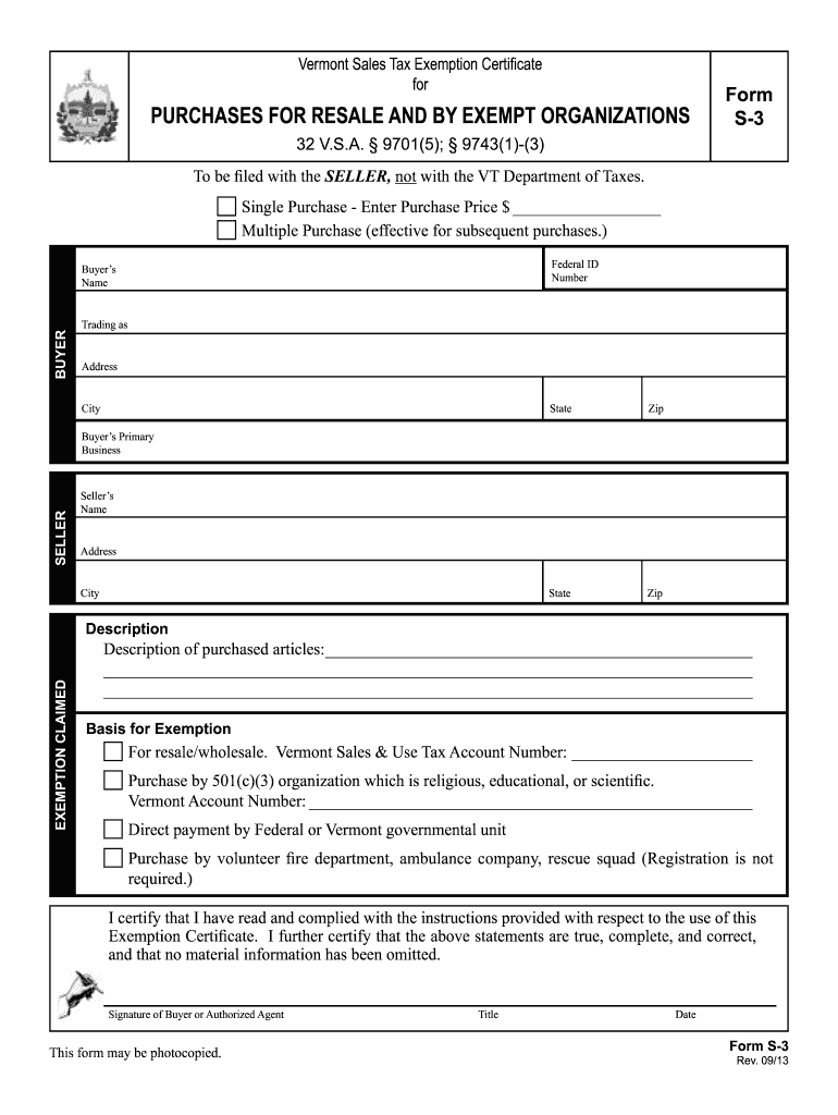  Vermont Sales Tax Form S 3 2013