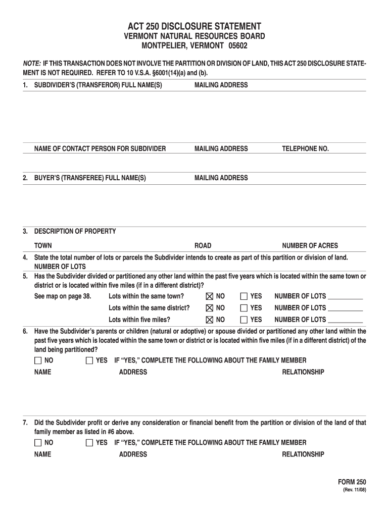  Vt Act 250 Disclosure Statement  Form 2008