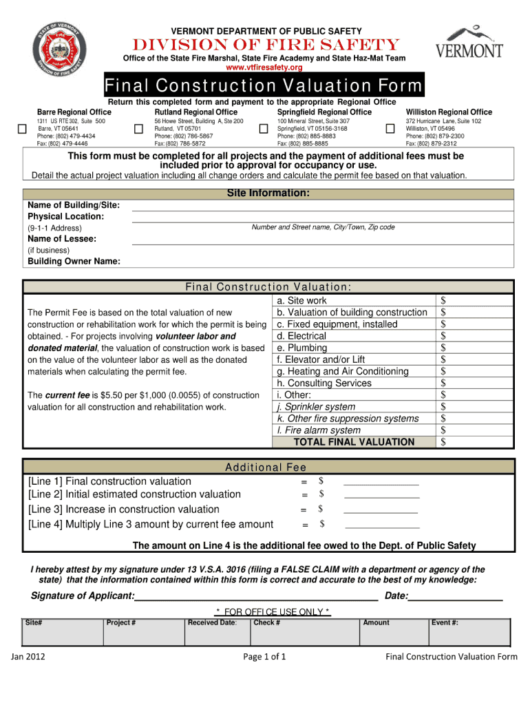 Final Construction Valuation Form  Division of Fire Safety  Firesafety Vermont