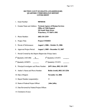 Page 1 of 3 SECTION 1115 FY 05 GRANTS AWARDED 8105 QUARTERLY PERFORMANCE REPORT COVER SHEET 1 Dcf Vermont