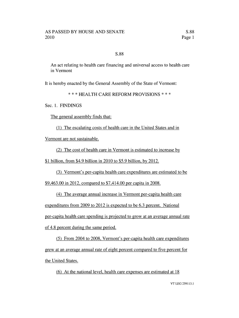 As PASSED by HOUSE and SENATE S 88 Page 1 S 88 an Act    Hcr Vermont  Form